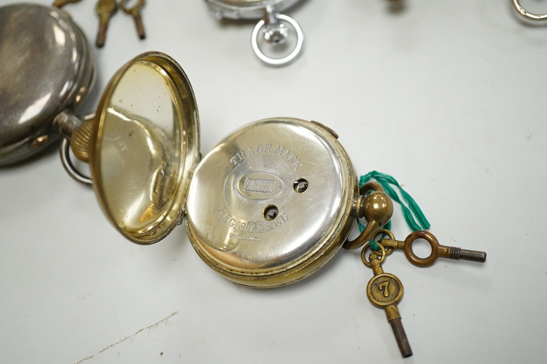 A George V silver cased goliath calendar moon phase open faced pocket watch, case diameter approx. 67mm(a.f.), together with five other pocket watches, including silver and white metal Waltham, a Camerer Cuss chrome case